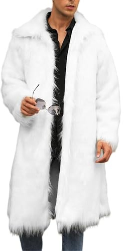 OULIWANGLUO Herren Pelzmantel Winterjacke Lang Kunstpelz Mantel Reverskragen Plüsch Strickjacke Warme Felljacke Pelz Jacke (Weiß1,S)