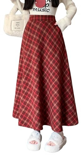 Damen Hohe Taille Lang Rock Elegant Winterrock Kariert Maxirock Wollrock A-Linie Winter Röcke Retro Faltenrock Red L