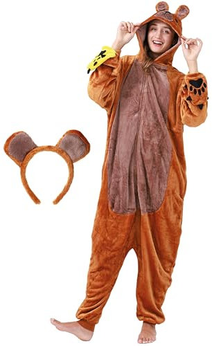 corimori Flauschiges Bären-Kostüm für Erwachsene mit Haarreif | Karneval Kostüm Onesie für Damen, Herren | Körpergröße 160-170cm