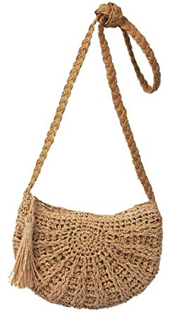 WESIEVYA Gewebte Strohtasche Für Damen Modische Umhängetasche Aus Papierstroh Handgefertigt Mit Quaste Für Strand Und Urlaub