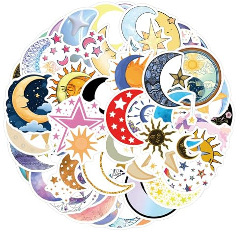 Bric Dodo 50 Stück Der Mond der Sterne Aufkleber Auto Laptop Telefon Gitarre Skateboard Motorrad Fahrrad Moon Star Stickers Set Vinyl Wasserdicht Aesthetic Aufkleber für Jugendliche Kinder Erwachsene