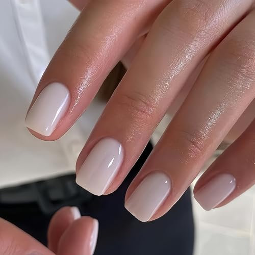 SXVME White Press on Nails Short Square Acrylic Short False Nails Coffin Natural Acrylic Fake Nails Set Elegant Solid Color Full Cover Glossy Gel Stick on Nail for Women Daily Wear 24 Pcs