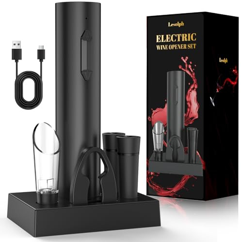 Sacacorchos eléctrico recargable, abridor de vino electrico saca rolhas regalos para hombre mujere abrebotellas con vertedor aireador, 2 tapón de vino al vacío, cortador láminas y cable USB