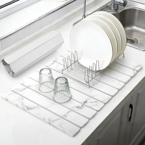 comfoyar Large Stone Dish Drying Mat for Kitchen Counter, Quick Dry Diatomaceous Earth Dish Drainer Matt, Marbled Water Absorbing Pad for Dishes Bottles Cups Utensils, Foldable, 60×39cm, White