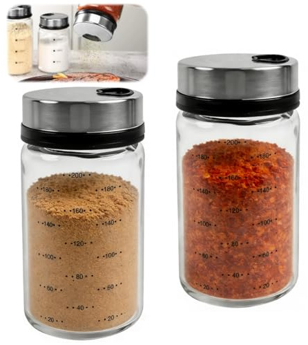 BRRDAQU 2 Stück Gewürzgläser mit Drehdeckel 200 ml Borosilikatglas Gewürzstreuer Salzstreuer mit 4 Gewürzlöchern Gewürzdosen für Küche Grillen BBQ & Kochen Ideal für Haushalt Restaurant & Outdoor
