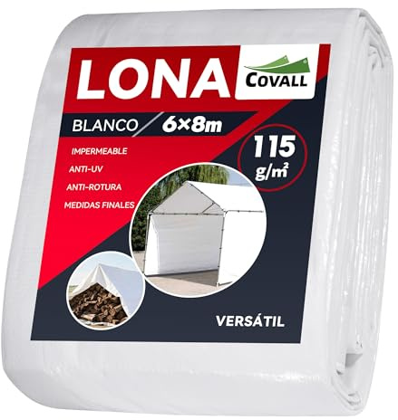 COVALL Telone Impermeabile per Esterno 6x8m, HDPE 115g/㎡ Rinforzato con Occhielli, Anti-UV, Copertura per Piscina, Auto, Mobili da Giardino, Bianco