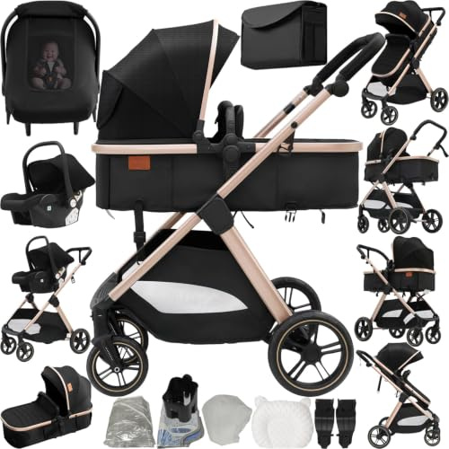 Magic ZC Kinderwagen 3 in 1, Buggy mit Umkehrbarem Zwei-Wege-Schub, Kombikinderwagen Faltbarem Tragbarem One-Click-Design, Kinderwagen 3 in 1 Komplettset mit Zubehör (V10 Black Gold)