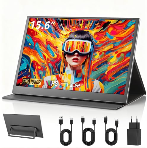 Monitor Portable 15,6 Zoll FHD 1080p IPS Entspiegelt | USB-C & Mini HDMI | Integrierte Lautsprecher & Schutzhülle mit Ständer | Zusatzbildschirm für Laptop, PC, Mac, Handy, PS5/4, Xbox, Switch