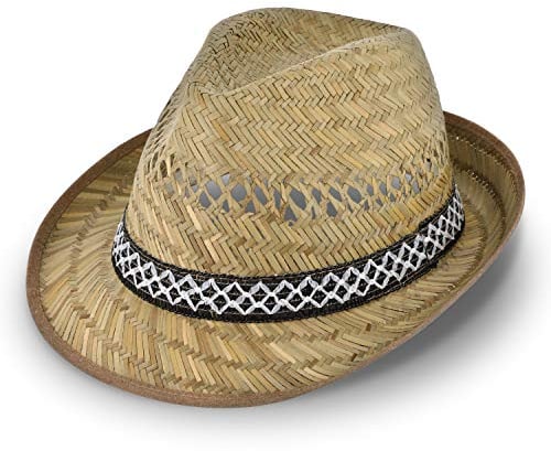 Erntehelfer Strohhut (Sonnenschutz) für Damen und Herren, cooler und modischer Sonnenhut im Trilby Look für den Sommer am Strand oder im Urlaub, verschiedene Größen, Farbe natur, Gr: 57 cm