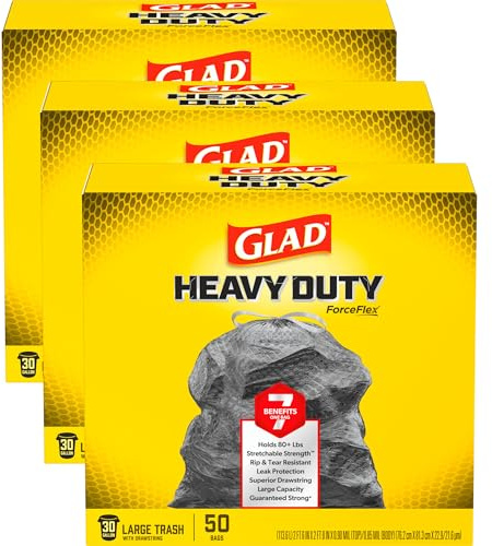 Glad ForceFlex Heavy Duty Large Trash Bags, Hold 80+ lb, 30 Gal, 50 Ct, Pack of 3 (Package May Vary)