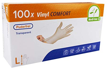 Medi-Inn+ Vinyl Comfort Einweghandschuhe, Gr. L, 1 x 100er-Pack, Untersuchungs- und Schutzhandschuhe