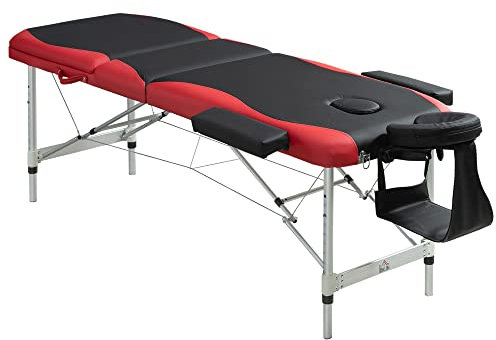 HOMCOM Camilla de Masaje Plegable y Portátil 185x60x62-82 cm Mesa Ajustable en Altura con Reposacabezas y Apoyabrazos para Tatuaje Fisioterapia Negro y Rojo
