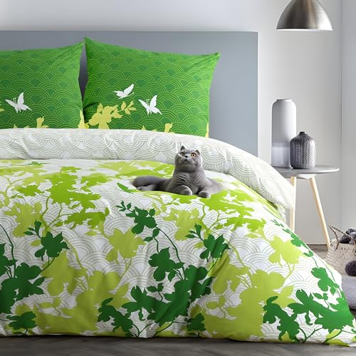 etérea Renforcé Bettwäsche Japan Schmetterlinge Greeny 200x200 cm + 2Stk 80x80 cm