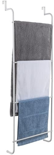 MyGift Toallero para colgar sobre la puerta con 4 peldaños, escalera de metal blanco, toallero para colgar toallas de baño, estante de secado, barra de toalla, almacenamiento de baño