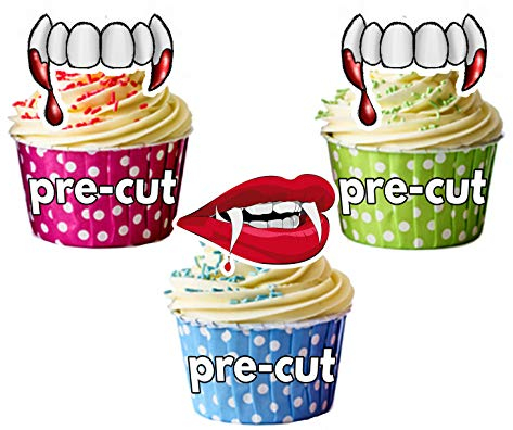 AK Giftshop PRE-CUT Halloween Vampire Teeth/Lips/Blood Mix - Edible Cupcake Toppers/Cake Decorations (Pack of 12)