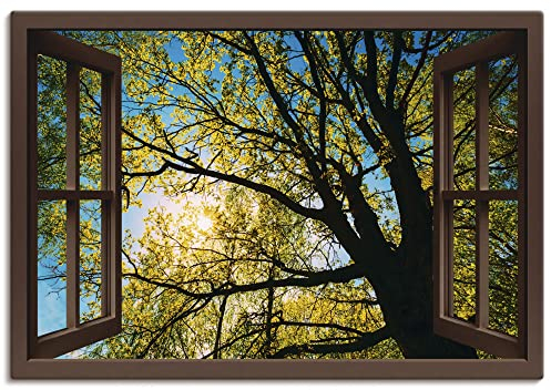 ARTLAND Wanddeko Leinwand Bilder Wandbild 100 x 70 cm Bäume Foto Grün B8CM Fensterblick Frühling Sonne Baumkrone Eiche