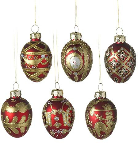 Heaven Sends Set mit 6 roten und goldenen Glas-Eiern, Faberg�-Stil, Dekoration f�r B�ume