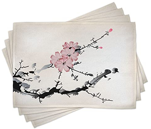 ABAKUHAUS japanisch Platzmatten, Aquarell-Illustrations-traditionelle gebürtige blühende mit Blumen gemäßigte Zonen-Anlage, Untersetzer aus Waschbaren Stoff Tischdekoration mit Druck, Schwarz Rosa