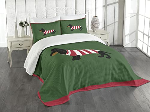 ABAKUHAUS Dackel Tagesdecke Set, Canine Cartoon-Hund, Set mit Kissenbezügen Waschbar, für Doppelbetten 264 x 220 cm, Grün Bordeauxrot