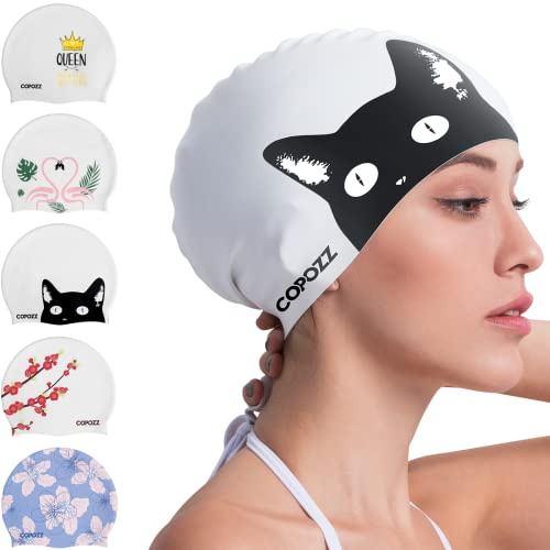 COPOZZ Women‘s Swim Cap for All Hair - Large, Comfortable Silicone Swimming Cap, Waterproof Design for Long, Short, Thick & Curly Hair | Secure & Comfortable Fit (Black Cat-12yrs+)