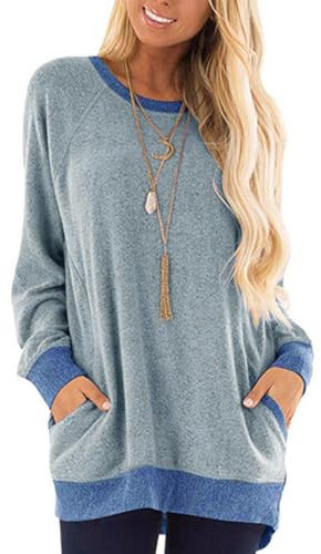 iChunhua Casual Women’s Long Sleeve Crewneck T Shirt Sweatshirt Tops with Pockets S-XXL (Sky Lue, S)