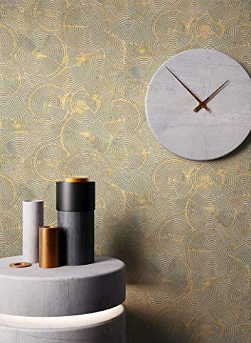 NEWROOM Tapete Beige Vliestapete Glänzend - Mustertapete Ethno Schwarz Ocker Kreise Spirale Metallic Glamour Baumscheibe inkl. Tapezier-Ratgeber