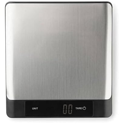 Jata HBAL1200 - Báscula de Cocina Digital con Bluetooth, Balanza Dietética, Informa de calorías, proteínas, hidratos de carbono, grasa, sal, fibra y colesterol de 650 alimentos, Antihuellas, Compatible con App, Hasta 5 kg, Acero Inoxidable