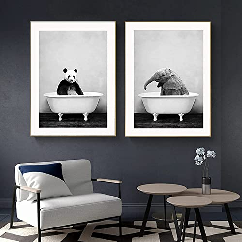 LXTOPN Badezimmer Bilder,Schwarz und weiß Elefant in der Badewanne Leinwandbild,Nordic Tiere Badezimmer Bilder Wandkunst Poster Leinwandmalerei Kein Rahmen(Tier,30x40cm*2)