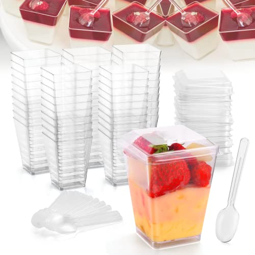 WEST STORY 50 Clear Dessert Cups, 5 oz/150 ml Individual Pots with Lids and Spoons, Party Appetizer Cups for Charcuterie, Wedding, Birthday Parties