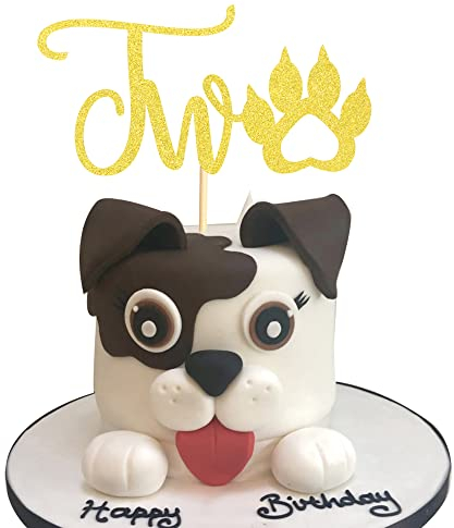 Arthsdite Paw 2nd Birthday Cake Topper, Two Birthday Cake topper Decoration for baby, Dog Paw Cake Topper Photo Booth Props, Smach Cake Decoration - Golden Glitter