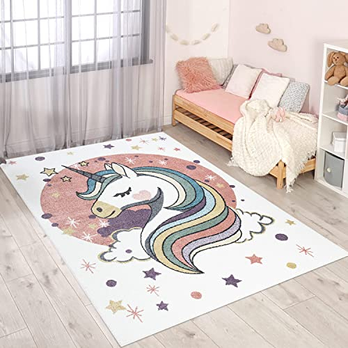 carpet city Teppich Kinderzimmer Einhorn - Creme, Rosa - 160x230 cm - Kinderteppich Kurzflor Unicorn mit Sternen - Weicher Flor