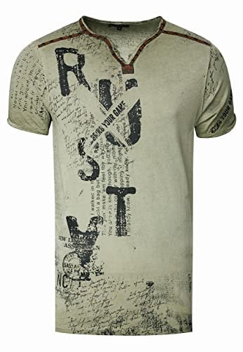 V-Neck Herren T-Shirt Vinatage Used-Look mit Plakativem Front und Back Print Kurzarm-Shirt Wildleder-Details mit Nieten-Verlauf 289, Farbe:Khaki, Größe S-3XL:XL