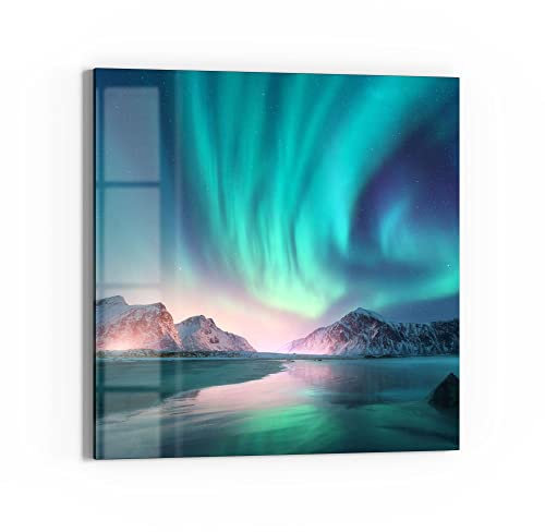 DEQORI Glasbild Echtglas | Motiv Das Nordlicht der Lofoten | quadratisch einteilig 50x50 cm | schöne Dekoration | Wandbild für Wohnzimmer, Schlafzimmer, Flur & Küche | moderne Wanddeko