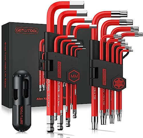 GETLITOOL 18pcs Llave Allen y Llave Torx T10-T50 Juego de Llave Allens Profesional con Punta Redonda, Hexagonal Acero al Cromo Vanadio para Reparación de Bicicletas, Montaje de Muebles