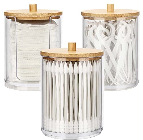 3 Pieza Dispensador de Algodón, Soportes de Hisopos de Algodón, Dispensadores Discos Desmaquillantes, Algodón con Tapas de Bambú Contenedor para bolas de algodón, Organizador de Almacenamiento de baño