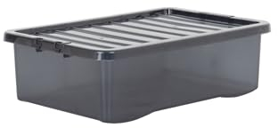 Wham Crystal 5 x 32L Stackable Plastic Storage Boxes with Lids | Ideal for Home, Office, Toys & More | Medium Boxes | Made in UK - Smoke