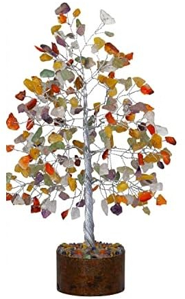 FASHIONZAADI Mix-Chakra-Edelsteinbaum für Feng Shui, Bonsai, Reiki, Heilkristalle, Geldbäume, Chakra-Ausgleichsstein, Glückskristall, Heimdekoration, Tisch-Prunkstück, Größe –10 Zoll (Silberdraht)