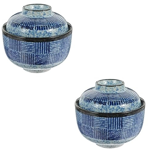 HOMSFOU Japanische Suppenschüssel Set 2 Stück Keramikschüssel Mit Deckel Und Löffel Ramenschale Mit Deckel Suppenschüssel Für Suppe Reis Vorspeisen Muschelsuppe Küche Und Esstisch