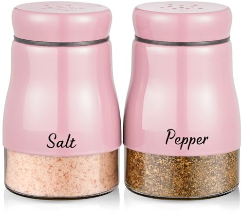 Pink Salt and Pepper Shakers Set, Bivvclaz 5 oz Stainless Steel Salt and Pepper Dispenser with Glass Bottom, Cute Salt and Pepper Shakers for Pink Kitchen Decor and Accessories, Easy Filling