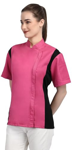 Veste de chef uniforme à manches courtes avec fermeture éclair pour femme avec maille latérale, idéale pour les traiteurs et les professionnels de la cuisine, rose, XL