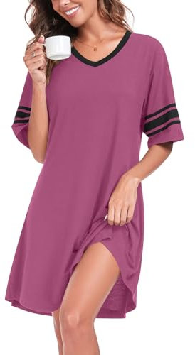 YVH Women's Nightdresses Nightshirt V Neck Nightwear Casual Nighties Sleepwear Short Sleeve Nightgown Night Dress Loungewear Pajama, Mauve, L
