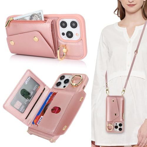 Lipvina Hülle für iPhone 15 Pro Hülle mit Band Kartenhalter handyhülle Hülle für iPhone 15 Pro mit Reißverschluss Band Ring Ständer Case für Frauen - Rosa