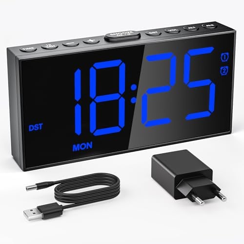 Mesqool Reloj Despertador Digital,Reloj Despertador Doble con Modo día Laborable/Fin de Semana,Cargador USB Tipo-C,Control de Volumen & Brillo de 5 Niveles,Snooze,12/24H,DST(Azul)