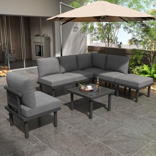 Merax Gartenmöbel Set mit 6 Sitzplätze, Outdoor Sitzgruppe mit Glas Couchtisch, Terrassenmöbel mit abnehmbar und waschbar Kissen für Garten, Terrasse, Gartenlounge Set, Grau