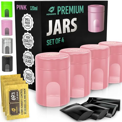 Premium Airtight Glass Storage Jars 120ml with 69% Humidity Control 4 Packs - UV Air Tight Jars with Child-Resistant Lid - Airtight Jar Container, Air Tight Storage,Storage Jars for Herb/Spice( Pink)