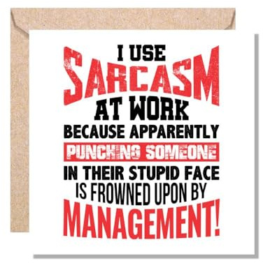 MUGGZ Work Colleague Funny Gift Card - I Use Sarcasm at Work Because Apparently Punching Someone in Their Stupid Face is Frowned Upon by Management! - Giftset - Made in The UK