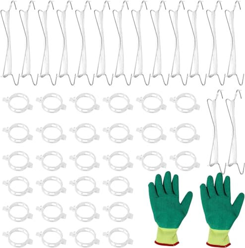 JOLIGAEA Tomatenhaken mit Schnur, 15 Stück Tomaten Haken mit 30 Pflanzenstützclip, Tomato Hooks, Tomatenhaken Metall, mit 1 Paar Handschuhen Geliefert, Tomatenstützhaken Set (15 Hook+30Clip+Gloves)