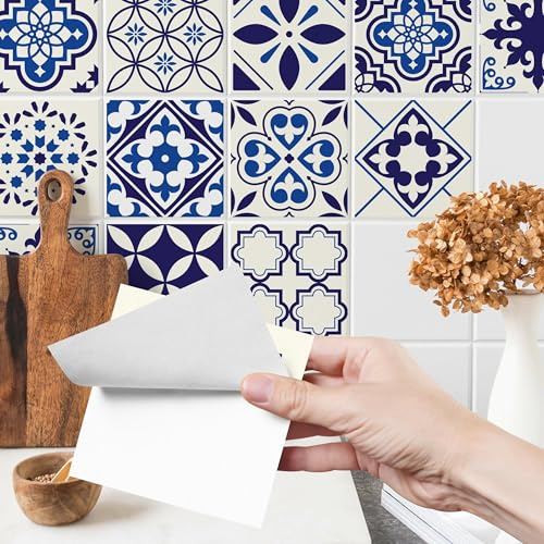 Muralo 24 Stück Fliesenaufkleber Blau marokkanisches Mosaik - 10x10 cm | Klebefliesen, Selbstklebende Fliesen, Mosaikfliesen - ideal für Küche, Bad und Flur, Küchenrückwand, einfach anzubringen