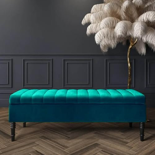 90cm Wide Safar Ottoman Storage Bench, Plush Shoe Bench with Storage, Velvet Footstool, Lined Upholstered Coffee Table, End of Bed Bench, Hallway Bench (Emerald Green Velvet, 3ft (90x40x40) CM)