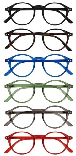 OPULIZE REY Lesebrille - 6er-Pack - Runder Retro-Rahmen - Mattschwarz, Braun, Blau, Grün, Grau, Rot - Herren Damen - Federscharniere - RRRRRR56-12367Z - +1.50